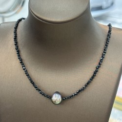 925 sterling silver black spinel + Tahitian pearl necklace SN5943