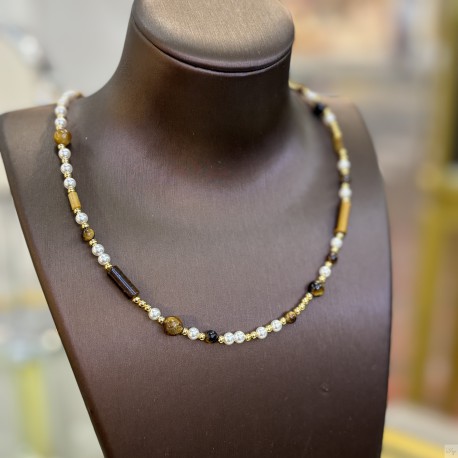 Alloy Tiger Eye Freshwater Pearl Necklace SN6014